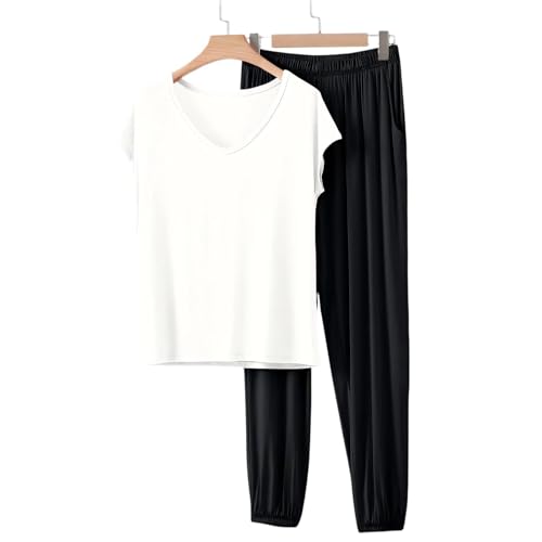 Image of HGps8w Women's Modal Soft Summer Pajamas Sets, Loose V Neck Short Sleeve Top Joggers Pants Matching 2 Piece Lounge Outfits