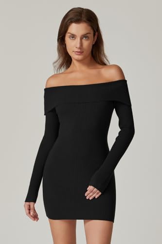 QINSEN Women's Off The Shoulder Ribbed Knit Sweater Dress Folded Neck Long Sleeve Mini Dress 2024 Trendy Fall Outfits4