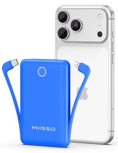 miisso 10000mAh Mini Portable Charger with Built in Cable, Pocket Size Power Bank Travel External Battery Pack for Phone, 3 Output USB Type C Cord Clutch Compatible with iPhone, Samsung, Deepblue