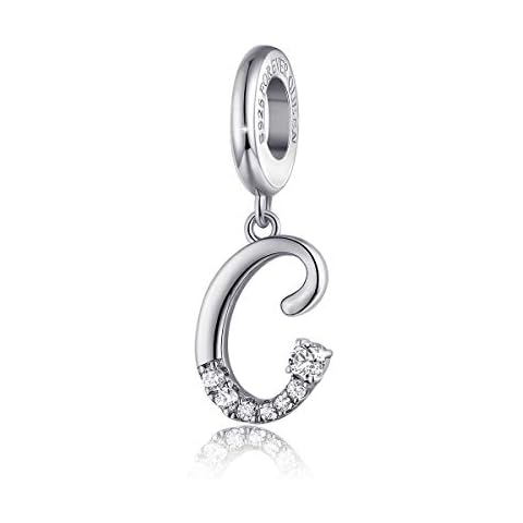 FOREVER QUEEN Letter C Charm Initial Dangle Beads Charm 925 Sterling Silver Zircon Alphabet Pendants for Snake Chain Bracelets Necklace Gift Jewelry for Mother Cover