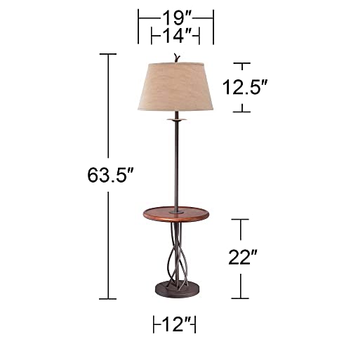Franklin Iron Works Rustic Farmhouse Country Cottage Floor Lamp With Tray End Table 63.5" Tall Wood Twisted Iron Base Brown Linen Fabric Tapered Drum Shade For Living Room Reading House Bedroom #TOP3