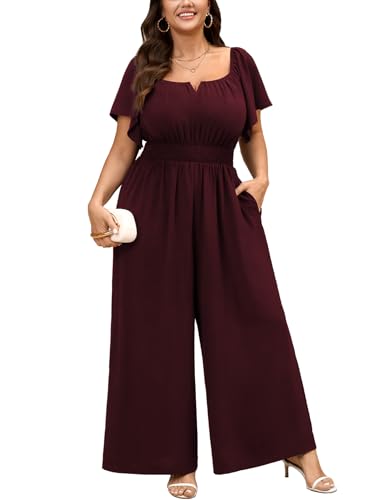 SCOMCHIC Womens Plus Size Jumpsuits Square Neck Dressy Casual Wide Leg Long Pant Romper One Piece Outfits With Pockets
