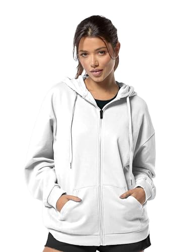 Image of DROBE Relaxed Fit Plain Cotton Blend Full Sleeves Hodded Zipper Jacket for Women