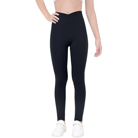 Gnainach Girls Yoga Pants Size 6-7 Years Old Solid Black Crossover Leggings Stretch Durable Tights for Children Lounge Fitness Cover
