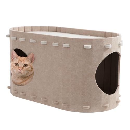 YUCHONG 猫ハウス トンネル キャットハウス 夏対策 通気性 熱中症予防 爪とぎ適用 多頭飼い パズル組立 お手入れ便利(ベージュ)
