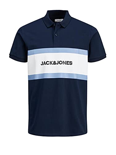 Image of JACK & JONES Mens Pique Polo Shirts Short Sleeve Regular Fit Casual Cotton Golf T-Shirt for Men UK, Dark Navy Colour, Size: L
