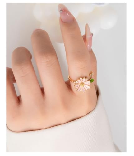 Kokoma Pink Daisy Flower Ring for Women Green Leaf Cubic Zirconia Wrap Finger Flower Open Statement Ring Promise Engagement Rings Fashion Jewelry3