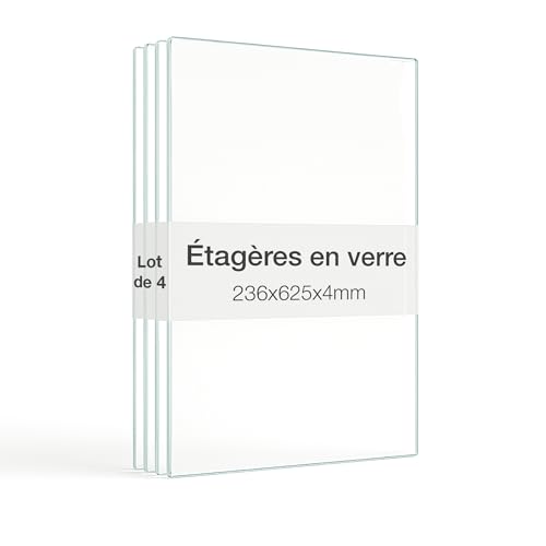 K-Möbel Lot de 4 étagères en Verre 625x236x4 mm Transparentes, avec Supports de 5 mm et Capuchons - Fabriqué en Allemagne - Étagères pour vitrines à 2...
