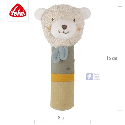 Fehn Stabgreifling Baby fehnNatur Spielzeug Bär - Motorikspielzeug mit Rassel zum Kuscheln - Kuscheltier Greifling aus Baumwolle aus biologischem Anbau - Babyspielzeug für Kleinkinder ab 0+ Monaten