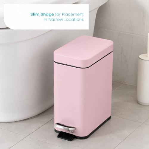 Image of Home Zone Living 1.3 Gallon Small Bathroom Trash Can with Lid and Step Pedal, Stainless Steel Wastebasket with Slim Design for Home and Office, Matte Pink, 5 Liters