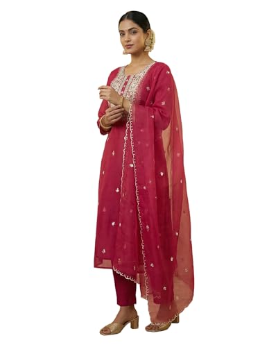 Image of INDO ERA Women's Silk Blend Floral Embroidered Thread Work Straight Kurta & Pant with Dupatta Set | Kurti Set