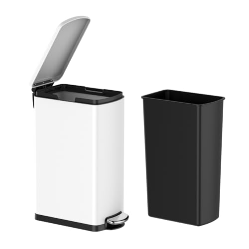 Image of GarveeHome 8 gal Slim Rectangular Stainless Steel Trash Can with Soft Close Lid and Removable Bucket for Kitchen, Bathroom, Office, White