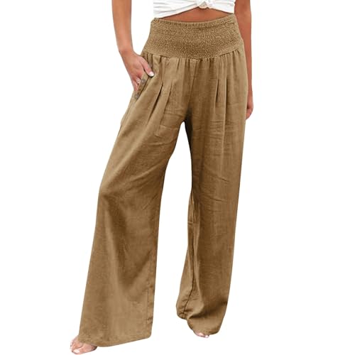 Beach Pants for Women Cover Up Women's High Waist Breathable Casual Wide Leg Pants with Pockets Hundred Solid Color Cotton Linen Khaki Draw String Women Small