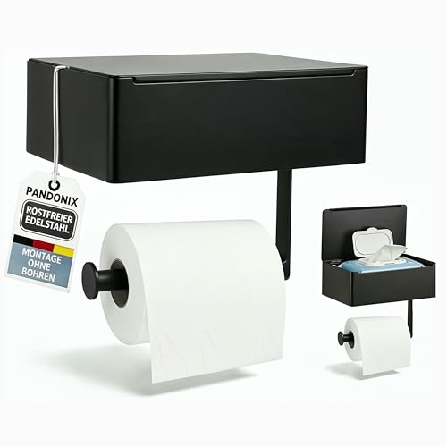 Pandonix® Toilettenpapierhalter mit Feuchttücherbox - Edelstahl - Toilettenpapierhalter ohne Bohren - klopapierhalter mit feuchttücherbox - Selbstklebender Klopapierhalter ohne Bohren