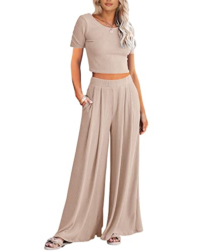 Btfbm Women Summer 2023 Two Piece Casual Outfits Lounge Set Ribbed Knit Bodycon Crop Top Long Pants Tracksuits Sweatsuit(Short Apricot, Large) #TOP16