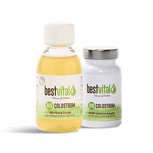 BIO Colostrum Set - 400mg Kapseln hochdosiert + Liquid - Aus 100% Erstmilch - Deutsches BIO-Siegel - Reich an natürlichen Immunglobulinen - 60 Stk + 125ml