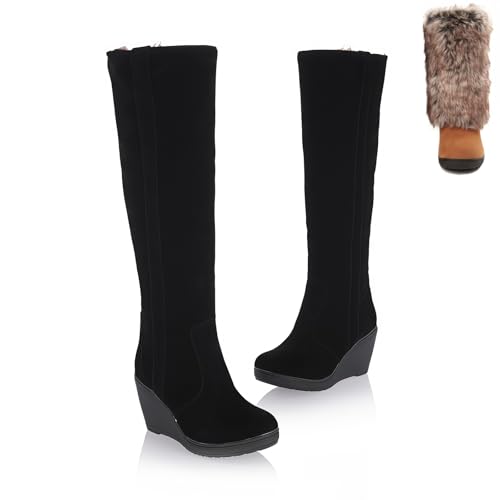 Womens Suede Warm Wedge Mid-Calf Boots Comfortable Plush Non-Slip Foldable Boot Shaft Stylish Ankle Boots