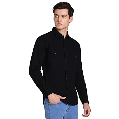 Image of Dennis Lingo Men's Solid Denim Cotton Slim Fit Full Sleeve Casual Shirt with Flap Pockets and Snap Buttons