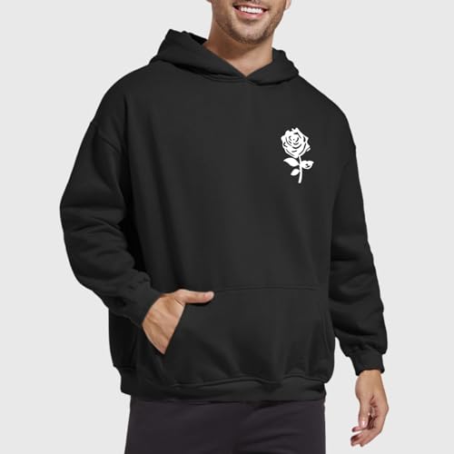 Bobeutou Oversized Graphic Hoodies for Men Rose Print Hoodie Vintage Fleece Hooded Sweatshirt Trendy Pocket Pullover Top3