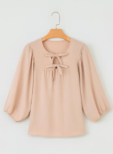 SHEWIN Womens Blouses 3/4 Sleeves Fall Tops for Womens Dressy Casual Babydoll Puff Sleeve Tie Front Beige Tops 2026 Elegant Loose Ladies Shirts Trendy Boutique Fall Clothes XLarge