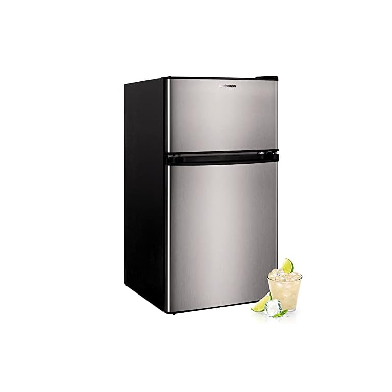 Upstreman 3.2 Cu.Ft Mini Fridge with Freezer, Stainless Steel 2 door, Adjustable Thermostat, Low noise, Energy-efficient, Compact Refrigerator for Dorm, Office, Bedroom