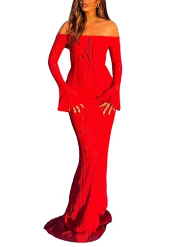 Sezhgswd Women's Dignity Off The Shoulder Evening Dress Bell Long Sleeve Lace Tie Long Dresses for Date Nights Red