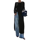 GCZREN Women Trendy Split Hem Crew Neck Maxi Knit Sweater Casual Loose High Slit Long Sleeve Long Dress Shirt Streetwear(M,Black)