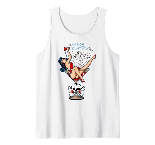 Vintage “Sailor Beware” Pin Up Girl in Martini Glass Tattoo Tank Top