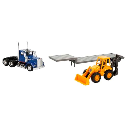 Newray 1:43 Trailer Kenworth W900 with Backhoe Loader 1/43 Scale Replica