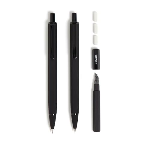 U Brands Cambria Mechanical Pencils, Set of 2, Midnight Black, Soft Touch, Medium (0.7 mm) Point, Lead and Eraser Refills Cover