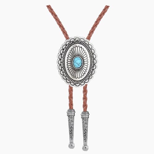 HUABOLA CALYN Bolo Tie for Men Women Vintage Turquoise Oval Brown Leather Necklace Native American Cowboy Cowgirl Accessories for Women