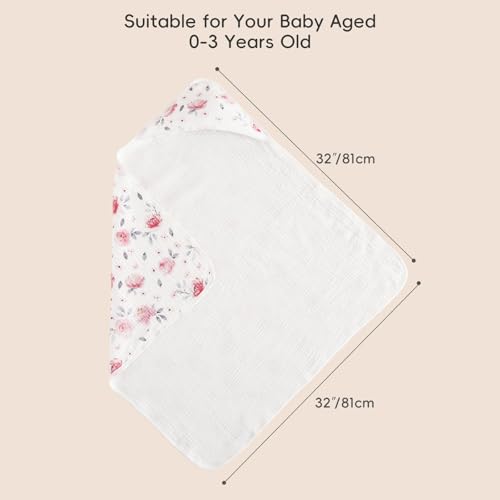 Image of PHF 100% Muslin Cotton Baby Hooded Towels, 2 Pack Bath Towel with Hood for Newborn, Infant, Toddler, Ultra Soft and Absorbent Baby Bath Essentials, Shower Gifts for Girls, 32x32Inch, Pink Floral