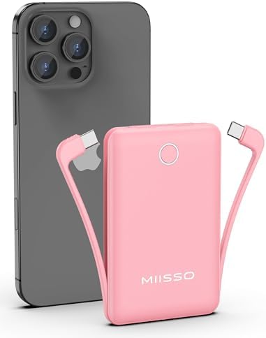10000mAh Compatible with iPhone 15/16/17 (Only) Slim Portable Charger with Built in Cable, Power Bank Travel Charger External Battery Pack for Phone, 3 Output USB Type C Cord Clutch Charger, Pink