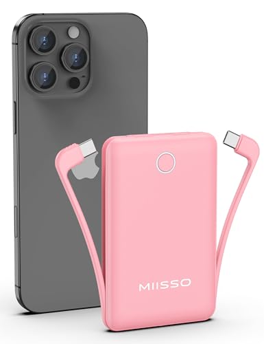 10000mAh Compatible with iPhone 15/16/17 (Only) Slim Portable Charger with Built in Cable, Power Bank Travel Charger External Battery Pack for Phone, 3 Output USB Type C Cord Clutch Charger, Pink