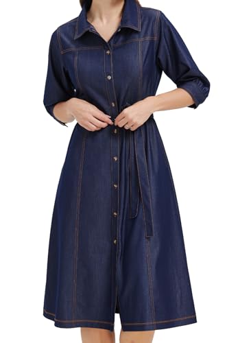 KYAL Women’s Denim Shirt Dress Short Sleeve Belted Button Down Jean Dress