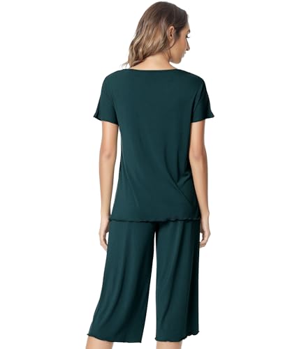 Image of NACHILA Women's Bamboo Viscose Pajama Sets Summer Cooling Short Sleeve Capri Soft Pjs Night Sweats Moisture Wicking Sleepwear