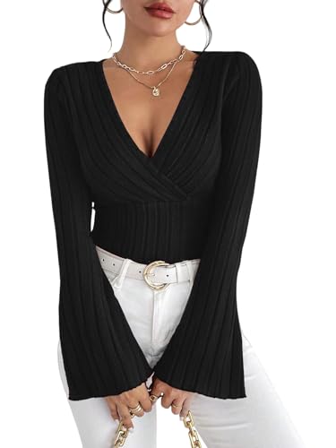 Sukiglam Pullover Damen V-Ausschnitt Langarmshirt Wickelpullover...