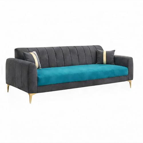Image of Hermione Luxe Velvet-Suede Fabric 3 Seater + 2 Seater Sofa Set | Golden Legs | Comfortable & Spacious Seating | Modern Sofa Set for Living Room - Dark Gray & Aqua Blue