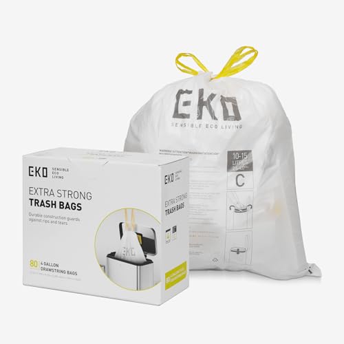 EKO 4 Gallon / 10-15 Liter, 80 Count Small Drawstring Trash Bags, Extra-Strong Unscented Garbage Bags, Easy-Dispense Roll for Kitchen & Household Use, Resists Tears, Leaks and Punctures, Code C, White by EKO - Used condition - US$10.53
