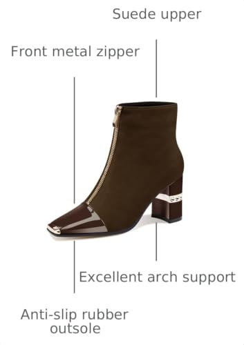 Image of XINIUNIU Women's Ankle Boots Block Chunky Heels Booties Metal Square Toe Suede Front Zipper 3 Inch Short Boot Dress