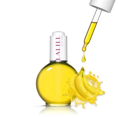LALILL Aceite de Cuticulas y Uñas 75 ml - Vegano Cuidado con Aceite de Almendras Dulces y Melocotón - Tratamiento Reparador y Fortalecedor Con Pipeta - Aroma Plátano - Uso Profesional y Doméstico