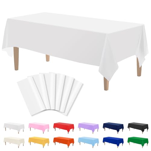 Image of Kopokita 6 Pack White Plastic Tablecloths Disposable 54 x 108 Inch | Rectangle Table Cloths, Party Table Covers for Birthday, Picnic, Wedding, Baby Shower, Graduation