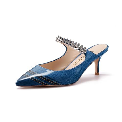 Reindee Lusion Women's Cute Blue Denim Spike Mules/Dark Dress Printed