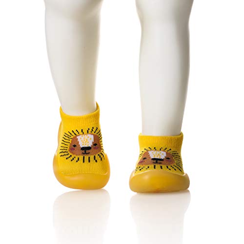 Baby Boy Girls Toddlers Moccasins Non-Skid Indoor Floor Slipper Kid Child Breathable Cotton Outdoor Shoes Socks (Yellow Lion, Small)