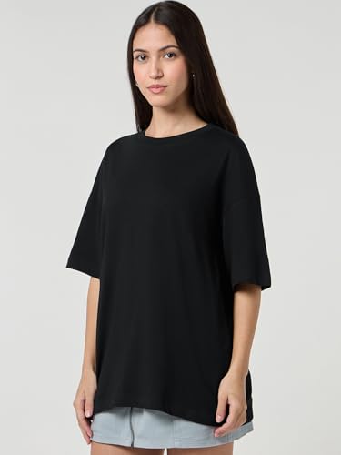 Image of Bewakoof Women's Solid Oversized Fit Half Sleeve Round Neck Cotton Jersey T-Shirt