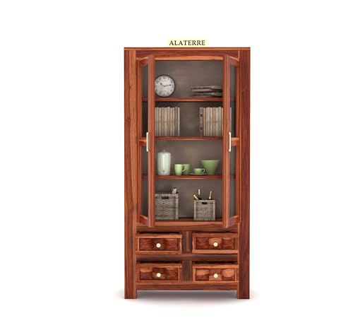 Image of Wood Book Shelf with Glass Door, Wooden Bookshelf for Home Library, Kitchen Crockery Cabinet, Study Room Furniture, Books Rack, Book Stand, BookCases, Bookshelves, Honey Finish