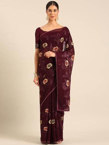Image of Panzora Women's Chiffon Embroiderd Saree With Blouse Piece