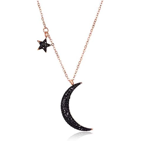 TEMICO Rose Gold Plated Stainless Steel Black Crystal Cubic Zirconia Star Moon Crescent Pendant Necklace for Women Cover