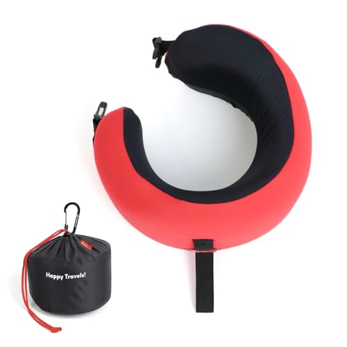 Image of C CUSHION LAB Travel Pillow, Award-Winning Patented Ergonomic Design for Chin & Neck Support Memory Foam Neck Pillow, Compact Airplane Pillow for Traveling, Flight, Car (Bold Red, Medium)