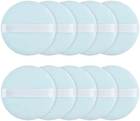 10 Pcs Powder Puff for Powder Foundation and Loose Powder, Ultra Soft Round Cotton Smooth Apply Puff with Ribbon Band Handle 3.15 Inch - Blue
